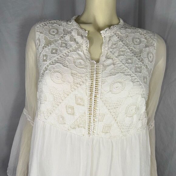 Made in Italy 100% Silk Lace Boho Blouse Sheer Bell Sleeve Peasant Top Romantic - Picture 2 of 15